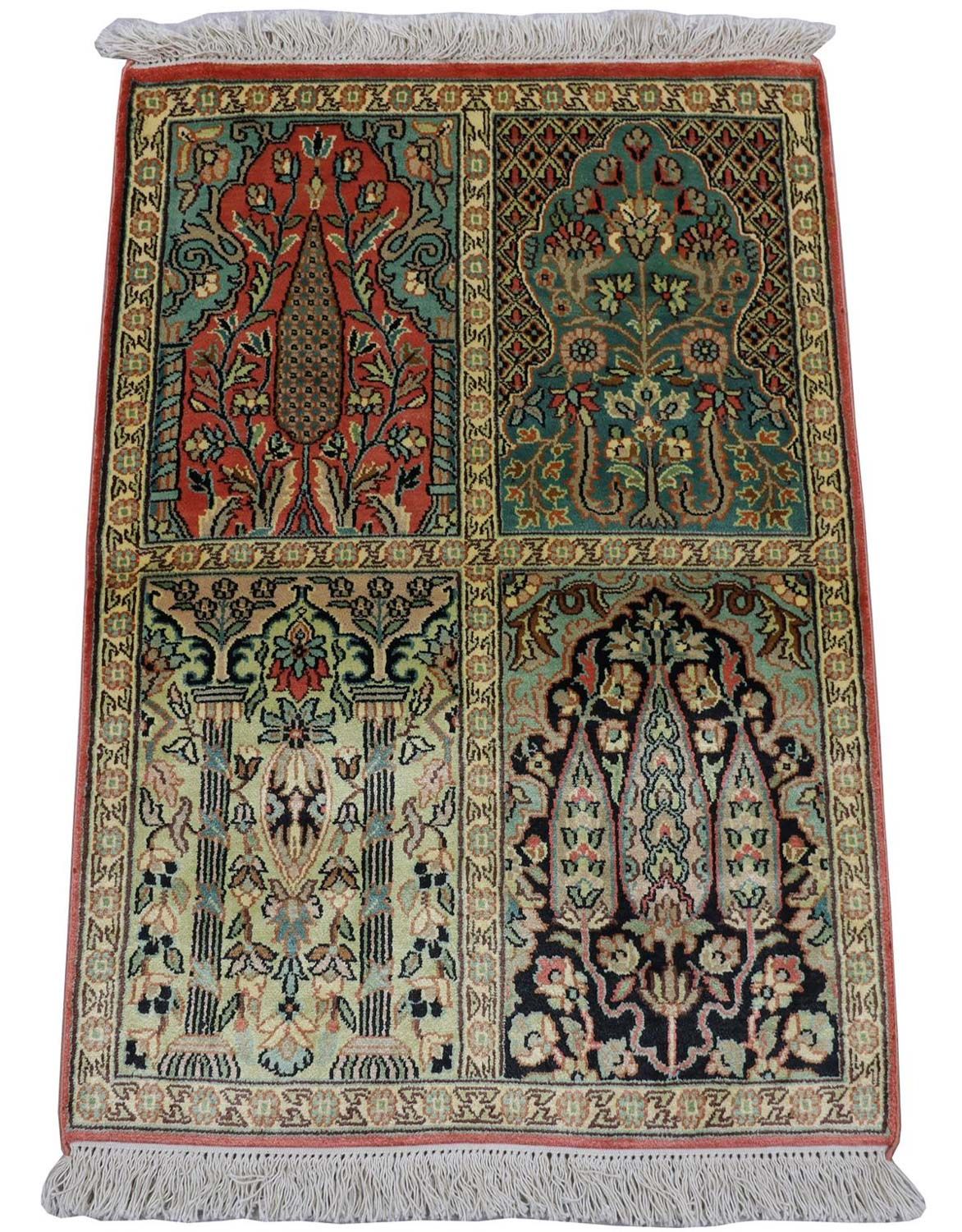 Alfombra de seda - Seda de Cachemira - 88 x 63 cm - multicolor