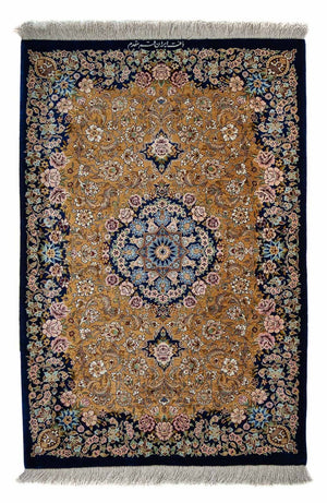 Alfombra persa - Ghom - 91 x 62 cm - azul oscuro