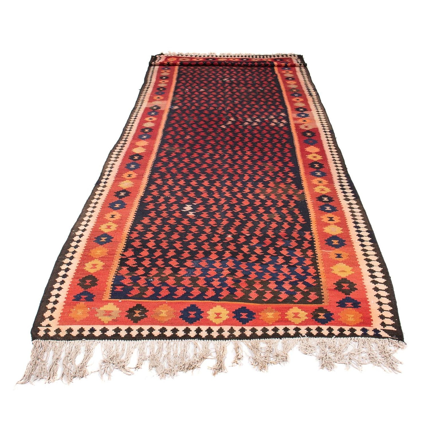 Alfombra de pasillo Alfombra Kelim - Antigua - 450 x 120 cm - azul oscuro