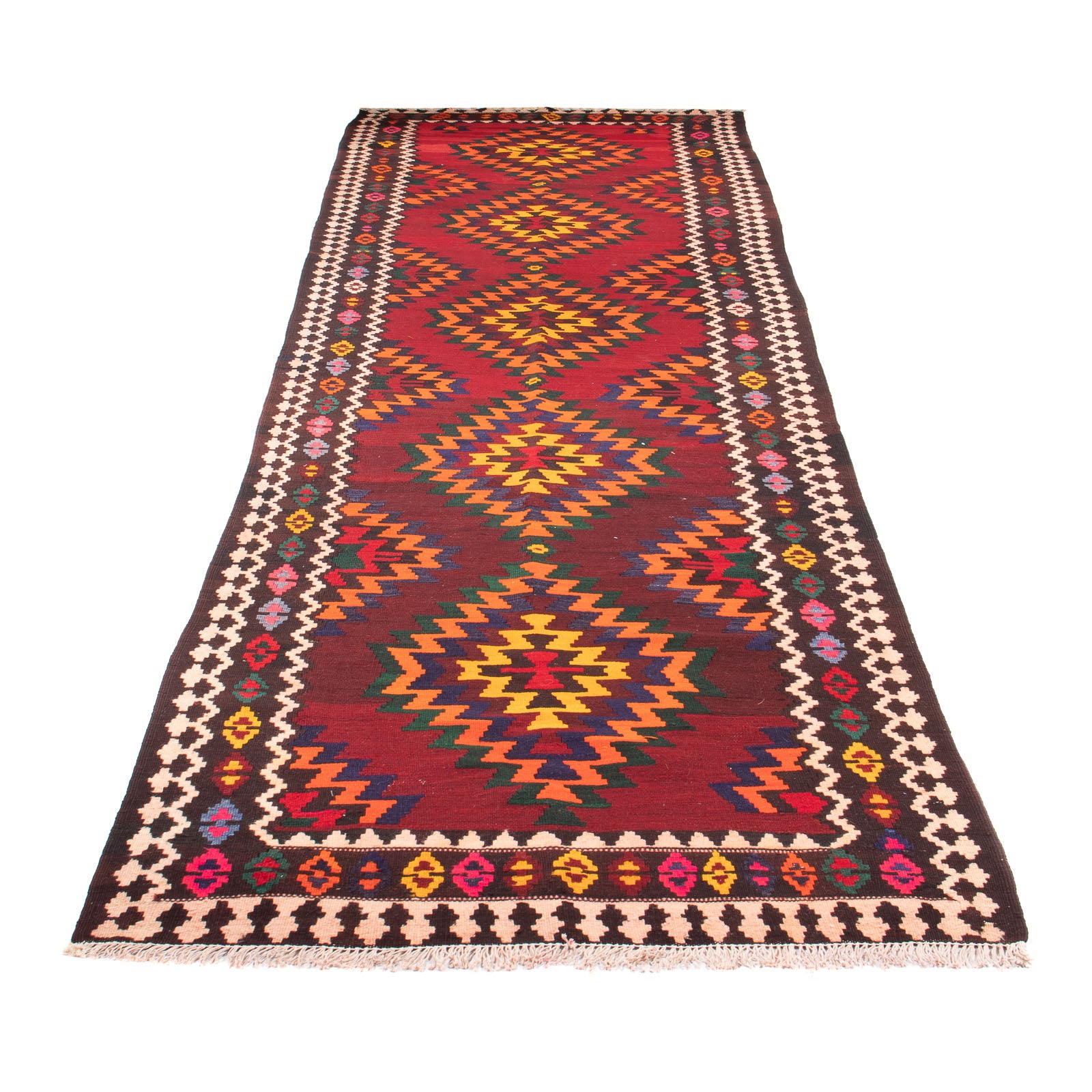 Alfombra de pasillo Alfombra Kelim - Antigua - 440 x 124 cm - rojo oscuro