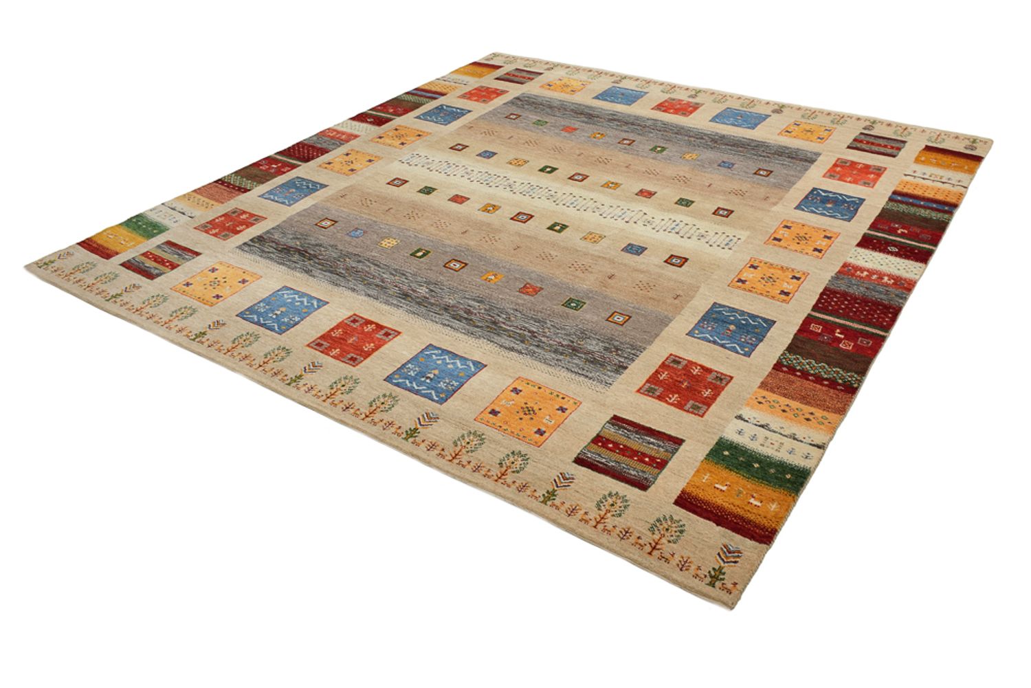 Alfombra Gabbeh - Loribaft Indus cuadrado  - 256 x 250 cm - beige claro