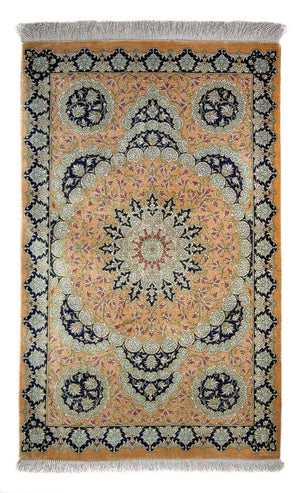 Alfombra persa - Ghom - 93 x 59 cm - amarillo mostaza